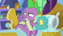 Size: 1280x720 | Tagged: safe, screencap, character:spike, species:dragon, episode:father knows beast, g4, my little pony: friendship is magic, male, pillow, solo, throw pillow, winged spike