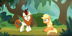 Size: 1315x661 | Tagged: safe, screencap, character:applejack, character:autumn blaze, species:earth pony, species:kirin, species:pony, episode:sounds of silence, g4, my little pony: friendship is magic, awwtumn blaze, clothing, cloven hooves, cowboy hat, cute, duo, female, forest, hat, mare