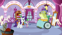 Size: 1280x720 | Tagged: safe, screencap, character:rarity, character:sludge, character:spike, species:dragon, species:pony, species:unicorn, episode:father knows beast, g4, my little pony: friendship is magic, bruised, female, male, mare, wheelchair, winged spike