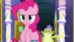 Size: 1920x1080 | Tagged: safe, screencap, character:pinkie pie, character:sludge, species:dragon, species:pony, episode:father knows beast, g4, my little pony: friendship is magic, cupcake, food