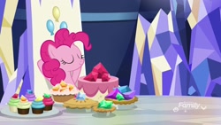 Size: 1920x1080 | Tagged: safe, screencap, character:pinkie pie, species:pony, episode:father knows beast, g4, my little pony: friendship is magic, cake, cupcake, eyes closed, food, friendship throne, gem, hooves behind head, pie, solo