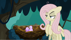 Size: 1248x702 | Tagged: safe, screencap, character:fluttershy, character:mean fluttershy, species:bird, species:pegasus, species:pony, episode:the mean 6, g4, my little pony: friendship is magic, bird nest, clone, everfree forest, female, flying, grin, lidded eyes, mare, mocking, nest, smiling