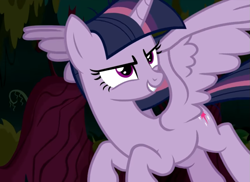Size: 957x696 | Tagged: safe, screencap, character:mean twilight sparkle, species:alicorn, species:pony, episode:the mean 6, g4, my little pony: friendship is magic, clone, cropped, evil grin, female, flying, grin, mare, scary face, scheming, sinister, smiling, solo, spread wings, wings