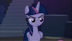 Size: 1250x703 | Tagged: safe, screencap, character:mean twilight sparkle, species:alicorn, species:pony, episode:the mean 6, g4, my little pony: friendship is magic, clone, confident, evil grin, female, grin, lidded eyes, looking down, mare, scheming, sinister, smiling, smirk, solo