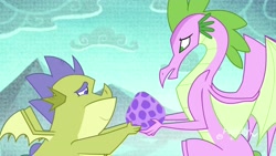 Size: 1920x1080 | Tagged: safe, screencap, character:sludge, species:dragon, episode:father knows beast, g4, my little pony: friendship is magic, dragoness, duo, egg, female, lies, male, solo, spike's egg, spike's fake mother