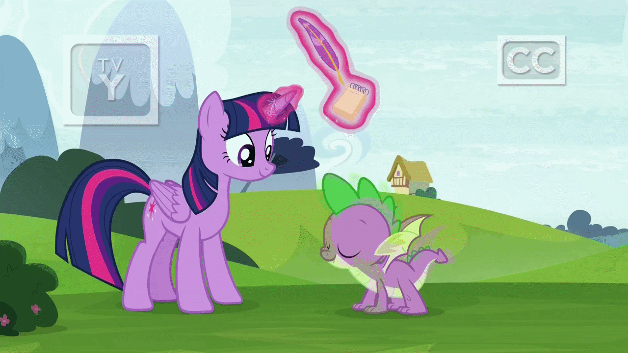 Size: 1280x720 | Tagged: safe, screencap, character:spike, character:twilight sparkle, character:twilight sparkle (alicorn), species:alicorn, species:dragon, species:pony, episode:father knows beast, g4, my little pony: friendship is magic, animated, bowing, clapping, clapping ponies, cute, eyes closed, female, glowing horn, grin, levitation, magic, male, mare, notepad, open mouth, quill, sitting, smiling, squee, talking, telekinesis, twiabetes, winged spike