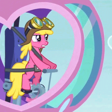 Size: 360x360 | Tagged: safe, screencap, character:cherry berry, character:twilight sparkle, character:twilight sparkle (alicorn), species:alicorn, species:earth pony, species:pony, episode:testing testing 1-2-3, g4, my little pony: friendship is magic, animated, aviator goggles, aviator hat, background pony, clothing, cropped, female, flying, goggles, hat, helicopter, mare, pedalcopter, product placement, solo focus