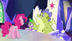 Size: 1920x1080 | Tagged: safe, screencap, character:pinkie pie, character:sludge, character:spike, species:dragon, species:earth pony, species:pony, episode:father knows beast, g4, my little pony: friendship is magic, cutie map, friendship throne, pointing, sitting, throne, throne room, twilight's castle, winged spike