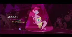 Size: 1366x706 | Tagged: safe, screencap, character:applejack, character:discord, character:fluttershy, character:gummy, character:lix spittle, character:pinkie pie, character:princess celestia, species:pony, my little pony: the movie (2017), credits, lidded eyes, parrot pirates, pirate, pointy ponies, spotlight