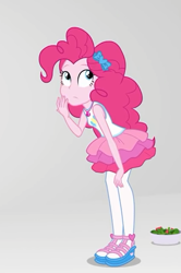 Size: 419x630 | Tagged: safe, screencap, character:pinkie pie, equestria girls:rollercoaster of friendship, g4, my little pony:equestria girls, clothing, cropped, food, geode of sugar bombs, pantyhose, salad, sandals, shoes, skirt