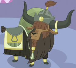 Size: 425x377 | Tagged: safe, screencap, species:yak, episode:party pooped, g4, my little pony: friendship is magic, background yak, braided beard, cloven hooves, cropped, horn ring, solo