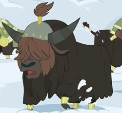 Size: 550x510 | Tagged: safe, screencap, species:yak, episode:not asking for trouble, g4, my little pony: friendship is magic, background yak, cloven hooves, cropped, digging, hair over eyes, helmet, open mouth, solo focus