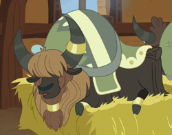 Size: 647x506 | Tagged: safe, screencap, species:yak, episode:not asking for trouble, g4, my little pony: friendship is magic, background yak, cloven hooves, cropped, hair over eyes, hay bale, horn ring, sleeping, solo focus
