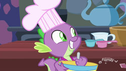 Size: 1920x1080 | Tagged: safe, screencap, character:spike, species:dragon, episode:father knows beast, g4, my little pony: friendship is magic, bowl, chef's hat, clothing, cute, hat, measuring cup, mixing bowl, smiling, solo, spikabetes, winged spike