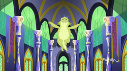 Size: 1920x1080 | Tagged: safe, screencap, character:sludge, species:dragon, episode:father knows beast, g4, my little pony: friendship is magic, architecture, ceiling, eyes closed, flying, hall, male, solo, twilight's castle, wings