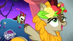 Size: 1280x720 | Tagged: safe, screencap, character:cinder glow, character:fall flower, character:summer flare, species:kirin, episode:sounds of silence, g4, my little pony: friendship is magic, a kirin tale, background kirin, duo, female, floating heart, floral head wreath, flower, heart, phantom of the opera, raised hoof, singing, song reference, underhoof, youtube link in the description, youtube thumbnail