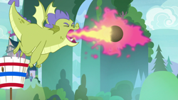Size: 1280x720 | Tagged: safe, screencap, character:sludge, species:dragon, episode:father knows beast, g4, my little pony: friendship is magic, dragonfire, eyes closed, fire, fire breath, flying, male, solo