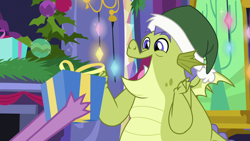 Size: 1280x720 | Tagged: safe, screencap, character:sludge, character:spike, species:dragon, episode:father knows beast, g4, my little pony: friendship is magic, christmas, clothing, greed, hat, holiday, male, open mouth, present, santa hat, solo focus