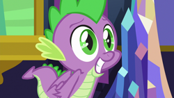Size: 1280x720 | Tagged: safe, screencap, character:spike, species:dragon, episode:father knows beast, g4, my little pony: friendship is magic, baby, baby dragon, crystal, cute, excited, eyebrows, folded wings, green eyes, grin, gullible, happy, hopeful, male, puppy dog eyes, smiling, solo, spikabetes, teeth, twilight's castle, window, winged spike, wings