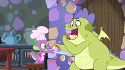 Size: 1280x720 | Tagged: safe, screencap, character:sludge, character:spike, species:dragon, episode:father knows beast, g4, my little pony: friendship is magic, apron, clothing, duo, eating, gluttony, male, naked apron, open mouth, toque, tray, winged spike