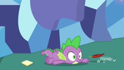Size: 1920x1080 | Tagged: safe, screencap, character:spike, species:dragon, episode:father knows beast, g4, my little pony: friendship is magic, claws, male, notepad, quill, solo, winged spike