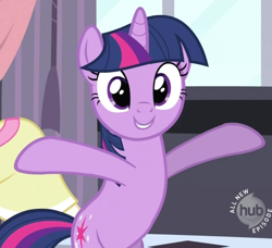 Size: 1010x920 | Tagged: safe, screencap, character:twilight sparkle, character:twilight sparkle (unicorn), species:pony, species:unicorn, episode:sweet and elite, g4, my little pony: friendship is magic, bipedal, cropped, cutie mark, female, grin, happy, hub logo, mare, smiling, solo