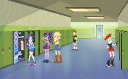 Size: 1163x720 | Tagged: safe, screencap, character:applejack, character:drama letter, character:rarity, character:twilight sparkle, character:twilight sparkle (scitwi), character:watermelody, species:eqg human, episode:best trends forever, g4, my little pony:equestria girls, applejack's hat, background human, belt, boots, canterlot high, clothing, cowboy boots, cowboy hat, denim skirt, female, freckles, geode of shielding, geode of super strength, geode of telekinesis, glasses, hat, high heel boots, high heels, lockers, male, ponytail, shoes, skirt, socks, stetson, teddy t. touchdown