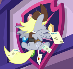 Size: 879x835 | Tagged: safe, screencap, character:derpy hooves, species:pegasus, species:pony, episode:school raze, g4, my little pony: friendship is magic, clothing, crash, cropped, faceplant, female, hat, letter, mailmare, mailmare hat, mare, ouch, solo, uniform