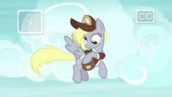 Size: 1920x1080 | Tagged: safe, screencap, character:derpy hooves, species:pegasus, species:pony, episode:school raze, g4, my little pony: friendship is magic, clothing, female, flying, hat, mailbag, mailmare, mailmare hat, mare, saddle bag, solo, uniform, wall eyed