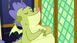 Size: 1280x720 | Tagged: safe, screencap, character:sludge, species:dragon, episode:father knows beast, g4, my little pony: friendship is magic, gluttony, solo, tongue out
