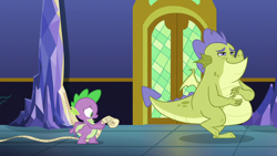 Size: 1280x720 | Tagged: safe, screencap, character:sludge, character:spike, species:dragon, episode:father knows beast, g4, my little pony: friendship is magic, claws, gluttony, list, male, tail, twilight's castle, winged spike