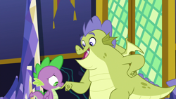 Size: 1280x720 | Tagged: safe, screencap, character:sludge, character:spike, species:dragon, episode:father knows beast, g4, my little pony: friendship is magic, male, smiling, tail, winged spike, wings
