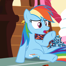Size: 270x270 | Tagged: safe, screencap, character:rainbow dash, species:pegasus, species:pony, episode:maud pie, g4, my little pony: friendship is magic, animated, belly, chubby, chubby dash, cropped, rock candy, solo, stuffed, weight gain