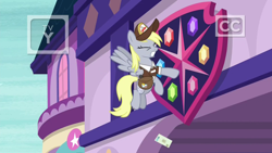 Size: 1920x1080 | Tagged: safe, screencap, character:derpy hooves, species:pegasus, species:pony, episode:school raze, g4, my little pony: friendship is magic, clothing, crest, emblem, female, flying, hat, mailbag, mailmare, mailmare hat, mare, saddle bag, school of friendship, shield, solo, uniform