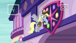 Size: 1920x1080 | Tagged: safe, screencap, character:derpy hooves, species:pegasus, species:pony, episode:school raze, g4, my little pony: friendship is magic, clothing, crest, emblem, female, flying, hat, mailbag, mailmare, mailmare hat, mare, saddle bag, school of friendship, shield, solo, uniform
