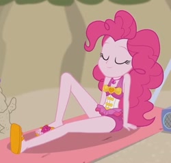 Size: 2100x2010 | Tagged: safe, screencap, character:pinkie pie, episode:x marks the spot, g4, my little pony:equestria girls, beach, clothing, cropped, eyes closed, feet, flip-flops, relaxing, sandals, sexy, smiling, solo, swimsuit, upscaled
