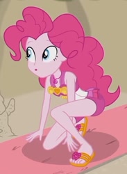 Size: 1535x2100 | Tagged: safe, screencap, character:pinkie pie, episode:x marks the spot, g4, my little pony:equestria girls, beach, clothing, cropped, curvy, feet, flip-flops, geode of sugar bombs, magical geodes, sandals, sexy, solo, swimsuit