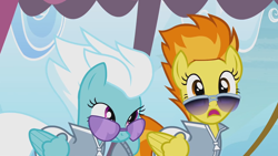 Size: 1280x720 | Tagged: safe, screencap, character:fleetfoot, character:spitfire, species:pegasus, species:pony, episode:rainbow falls, g4, my little pony: friendship is magic, duo, female, mare, shocked, sunglasses, warmup suit
