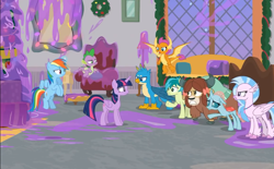 Size: 1158x720 | Tagged: safe, screencap, character:gallus, character:ocellus, character:rainbow dash, character:sandbar, character:silverstream, character:smolder, character:spike, character:twilight sparkle, character:twilight sparkle (alicorn), character:yona, species:alicorn, species:changedling, species:changeling, species:classical hippogriff, species:dragon, species:earth pony, species:griffon, species:hippogriff, species:pony, species:reformed changeling, species:yak, episode:the hearth's warming club, g4, my little pony: friendship is magic, angry, bow, claws, cloven hooves, colored hooves, cutie mark, dragoness, female, hair bow, jewelry, male, mare, monkey swings, necklace, student six, teenager, upset, winged spike, wings