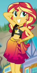 Size: 500x976 | Tagged: safe, screencap, character:sunset shimmer, equestria girls:forgotten friendship, g4, my little pony:equestria girls, adorasexy, arm behind head, bare shoulders, beach, belly button, bikini, bikini top, bracelet, clothing, cropped, cute, cutie mark on clothes, female, geode of empathy, hand on hip, jewelry, midriff, pose, sarong, selfie, sexy, shimmerbetes, shoulder bag, skirt, smiling, solo, standing, stomach, sultry pose, sunset selfie, swimsuit