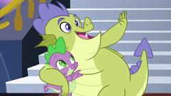 Size: 1280x720 | Tagged: safe, screencap, character:sludge, character:spike, species:dragon, episode:father knows beast, g4, my little pony: friendship is magic, male, smiling, when he smiles, winged spike, x x everywhere