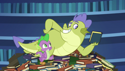 Size: 1280x720 | Tagged: safe, screencap, character:sludge, character:spike, species:dragon, episode:father knows beast, g4, my little pony: friendship is magic, book, winged spike