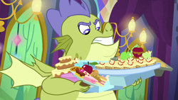 Size: 1280x720 | Tagged: safe, screencap, character:sludge, species:dragon, episode:father knows beast, g4, my little pony: friendship is magic, apple, cake, food, pie, solo