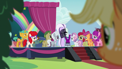 Size: 1280x720 | Tagged: safe, screencap, character:apple bloom, character:applejack, character:carrot crunch, character:coloratura, character:countess coloratura, character:lily longsocks, character:scootaloo, character:silver spoon, character:snails, character:snips, character:sweetie belle, character:twist, species:pegasus, species:pony, species:unicorn, episode:the mane attraction, g4, my little pony: friendship is magic, colt, cutie mark crusaders, male, rainbow, stage