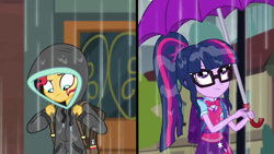 Size: 1280x720 | Tagged: safe, screencap, character:sunset shimmer, character:twilight sparkle, character:twilight sparkle (scitwi), species:eqg human, episode:monday blues, eqg summertime shorts, g4, my little pony:equestria girls, clothing, door, geode of telekinesis, glasses, hoodie, ponytail, umbrella