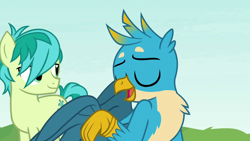 Size: 1280x720 | Tagged: safe, screencap, character:gallus, character:sandbar, species:earth pony, species:pony, episode:non-compete clause, g4, my little pony: friendship is magic, chest fluff, cutie mark, eyes closed, male, teenager, wings