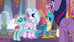 Size: 1280x720 | Tagged: safe, screencap, character:gallus, character:ocellus, character:silverstream, character:twilight sparkle, character:twilight sparkle (alicorn), species:alicorn, species:changedling, species:changeling, species:classical hippogriff, species:griffon, species:hippogriff, species:pony, species:reformed changeling, episode:non-compete clause, g4, my little pony: friendship is magic, claws, cutie mark, female, male, mare, smiling, wings