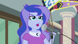 Size: 1280x720 | Tagged: safe, screencap, character:princess luna, character:vice principal luna, equestria girls:friendship games, g4, my little pony:equestria girls, microphone, pennant, shadowbolts logo, vice principal luna, wondercolts logo