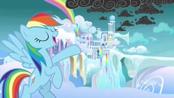 Size: 1920x1080 | Tagged: safe, screencap, character:rainbow dash, species:pegasus, species:pony, episode:school raze, g4, my little pony: friendship is magic, cloudsdale, eyes closed, female, flying, mare, rainbow, rainbow waterfall, scattered thunderstorms, stormcloud, weather factory