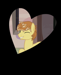 Size: 504x626 | Tagged: safe, screencap, character:feather bangs, species:earth pony, species:pony, episode:hard to say anything, g4, my little pony: friendship is magic, black background, breaking the fourth wall, cropped, heart shaped, looking at you, male, one eye closed, simple background, smiling, wink